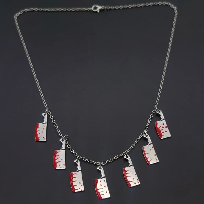 7 Kitchen Red Knives Tibetan Silver Kitchen Knife Necklace Charms Day of The Dead Necklace Gift Halloween Witch Jewelry Handmade