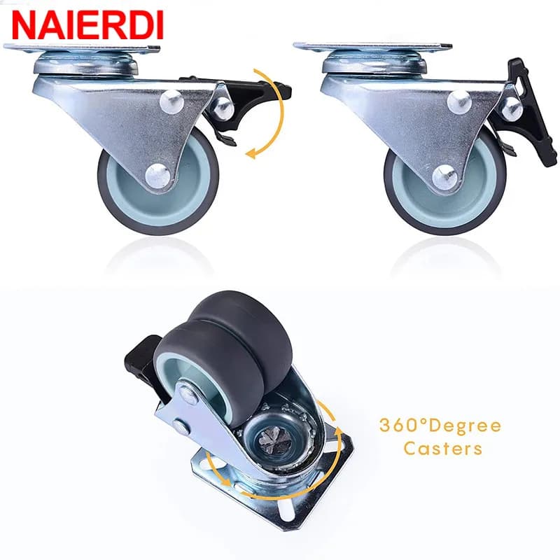 NAIERDI 4PCS 2 inch Trolley Casters Heavy Duty Swivel Soft Rubber Roller Wheels with Brake for Platform Furniture Wheels - image 5