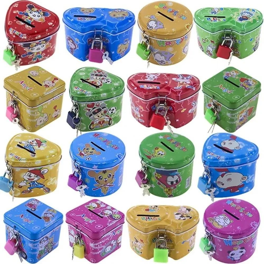 With Lock and Key Tinplate Piggy Bank Cartoon Print Design High Capacity Coin Savings Box Iron Art Cute Kids Storage Jar - image 5