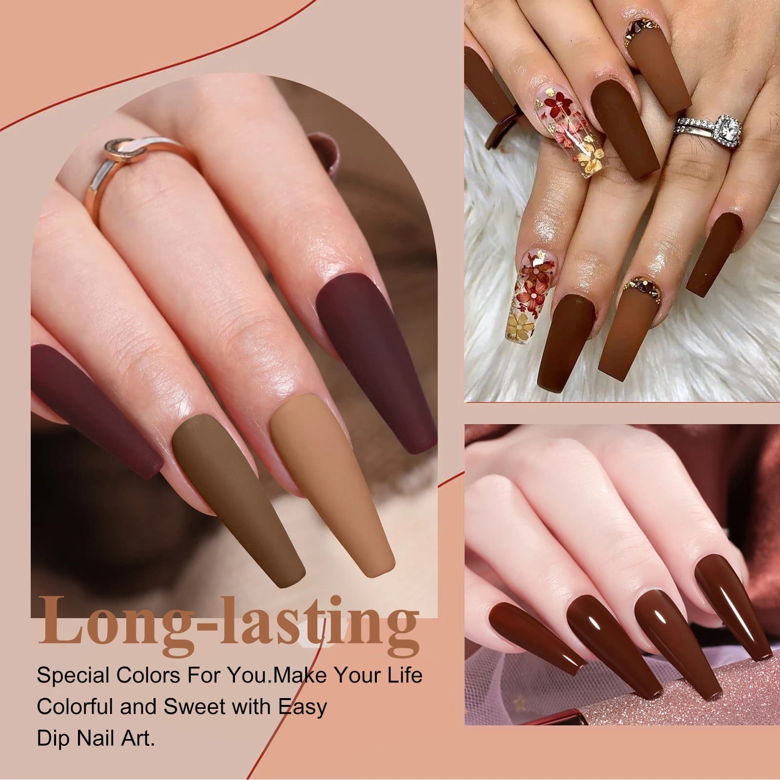 Fine 6 box/set Brown Tan Khaki Flaxen Chestnut Coffee Color Series Dip Powder Nail Kit  Dipping Powder Set as Nail Gel Effect - image 5