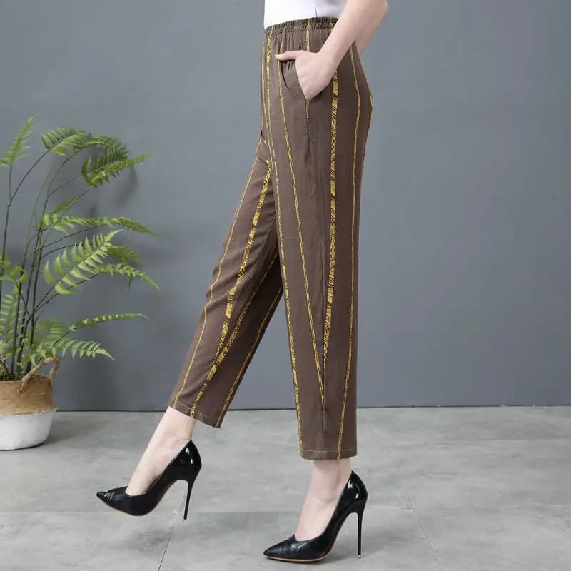 2023 Summer Fashion Elastic High Waist Slim Stripe Contrast Color Pocket Casual Loose Versatile Women's Small Foot Harlan Pants