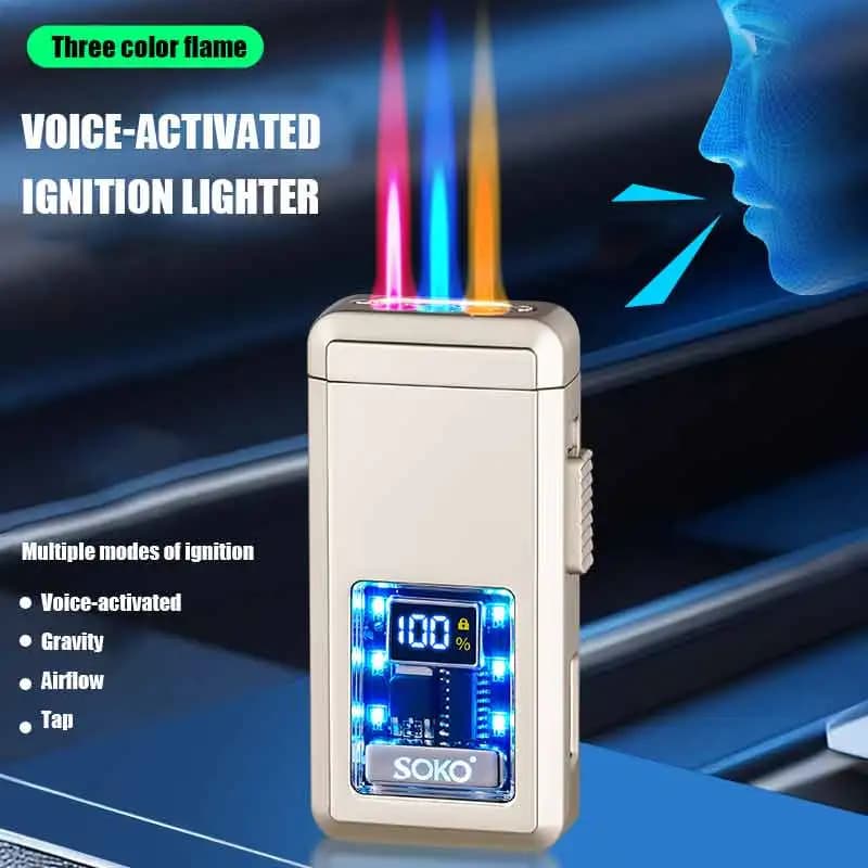 New High Beauty Voice Controlled LED Lighter Three-Color Flame Counting Transparent Visual Movement Inflatable Windproof Lighter - image 4
