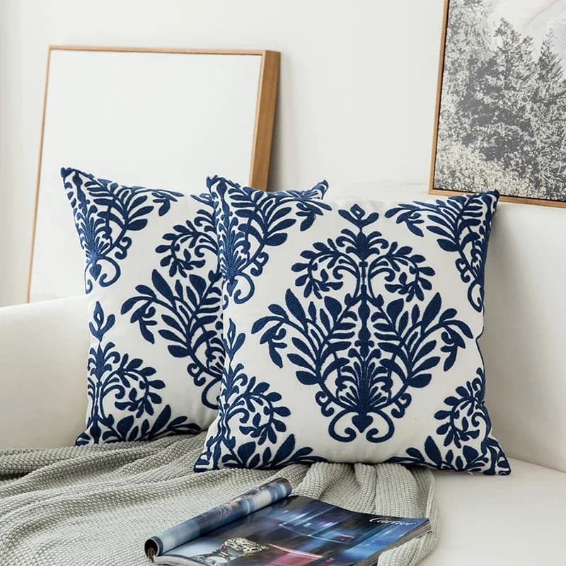 Home Decor Embroidered Cushion Cover Navy Blue/White Geometric Floral Canvas Cotton Suqare Embroidery Pillow Cover 45x45cm - image 6