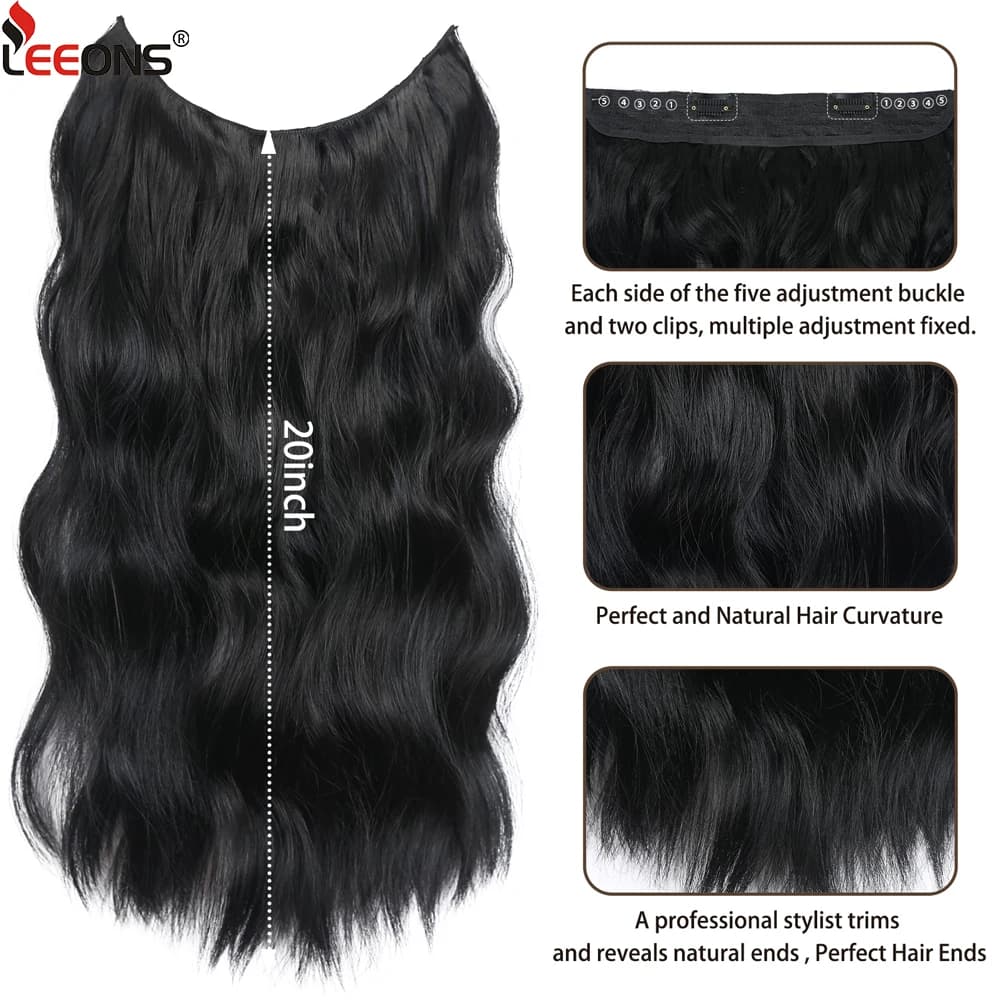 Two Clips Invisible Wire Hair Extensions Synthetic Long Wavy Black Brown One Piece False Hairpiece Hair Extension For Women - image 4