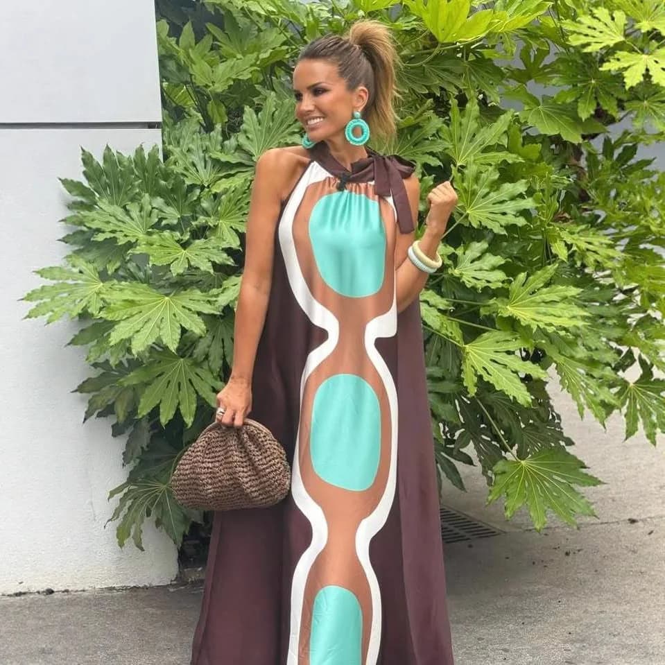 Casual Print Halter Neck Leace-up Long Dresses Women Summer New Vacation Style Loose Maxi Dress Female Vintage Commuting Vestido - image 5