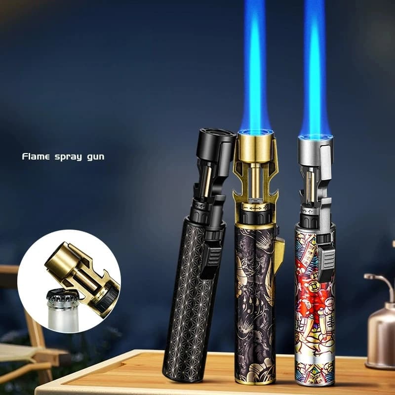 Large Fire Welding Gun Windproof Blue Flame Butane Gas Torch Lighter Bottle Opener Safety Lock Fire Switch Kitchen Cigar Lighter