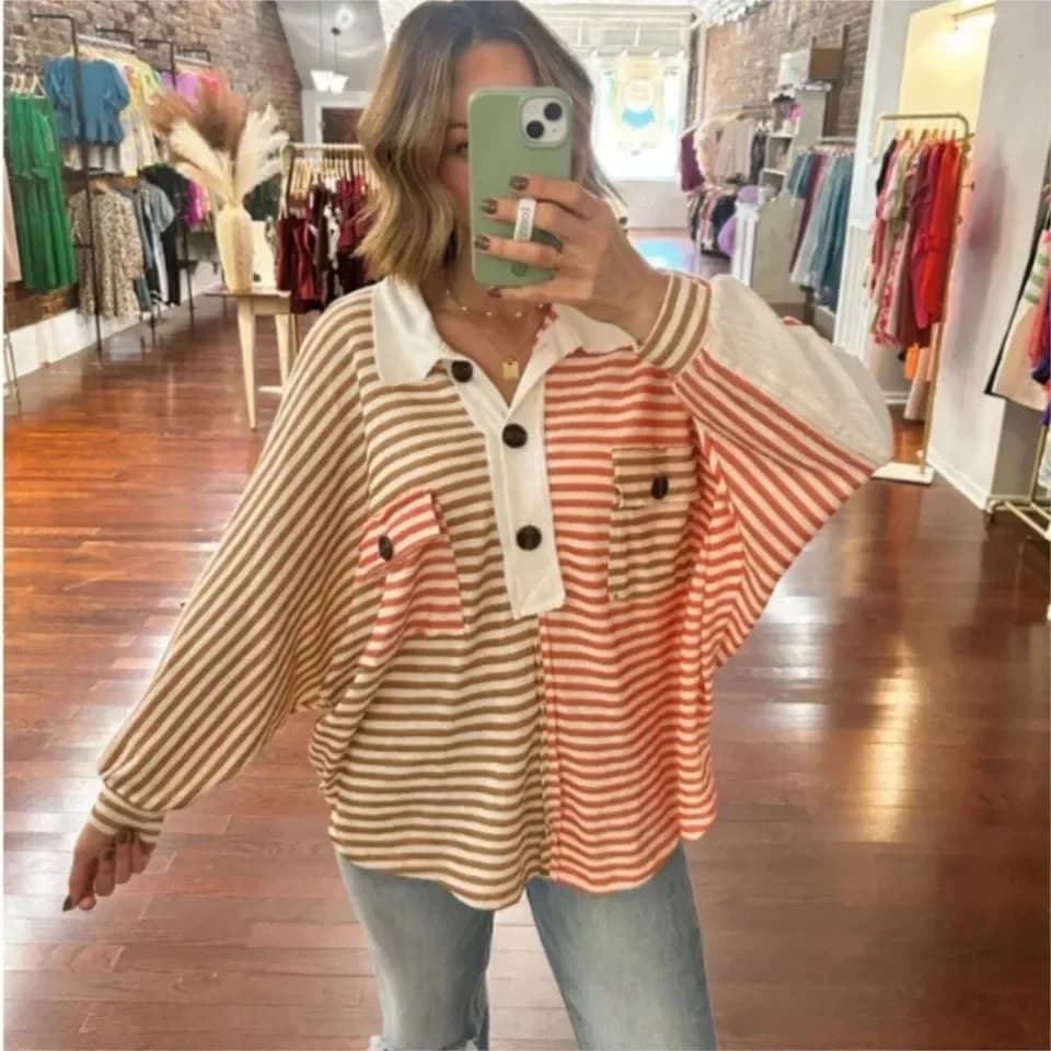 Fashion Printed Striped Polo Shirt Lapel Long-sleeved Women's Top Autumn New Casual Loose Retro And Versatile Female Tops 2025 - image 5