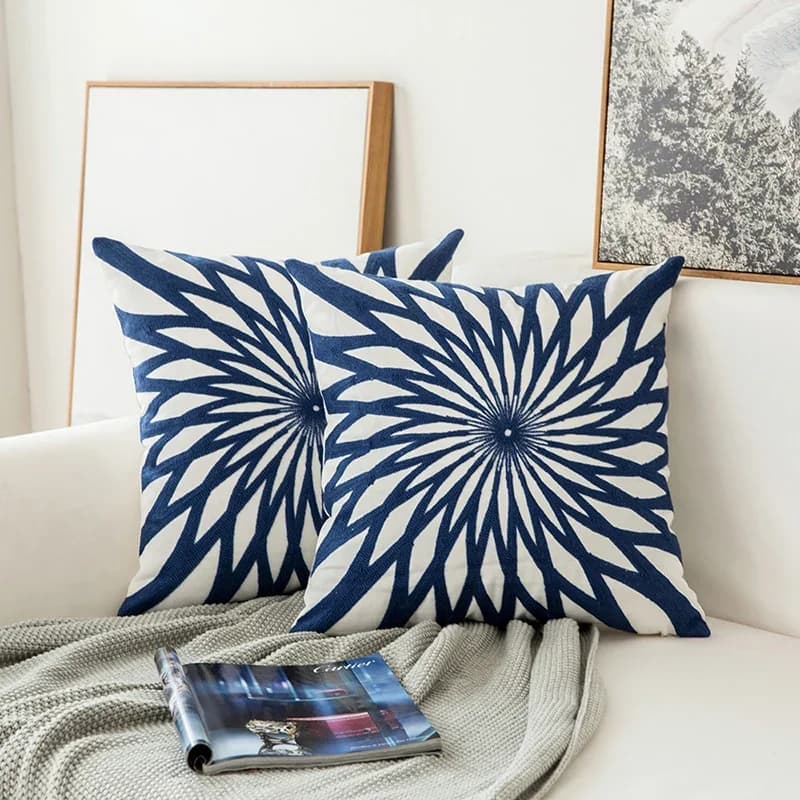 Home Decor Embroidered Cushion Cover Navy Blue/White Geometric Floral Canvas Cotton Suqare Embroidery Pillow Cover 45x45cm - image 5