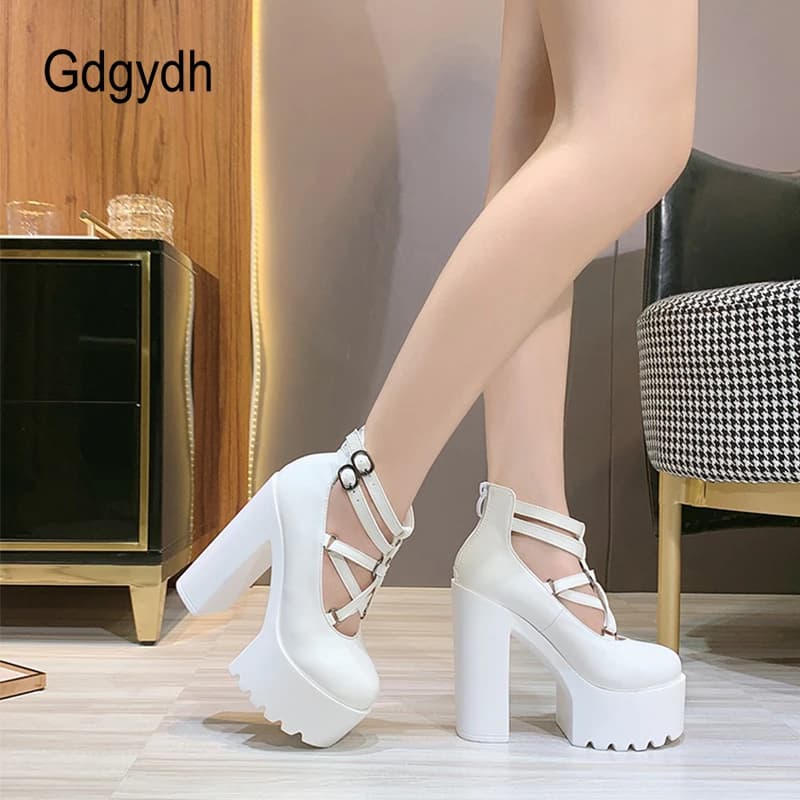 Gdgydh Fashion Women Pumps High Heels Zipper Rubber Sole Black Platform Shoes Spring Autumn Leather Shoes Female Gothic Pentagon - image 5