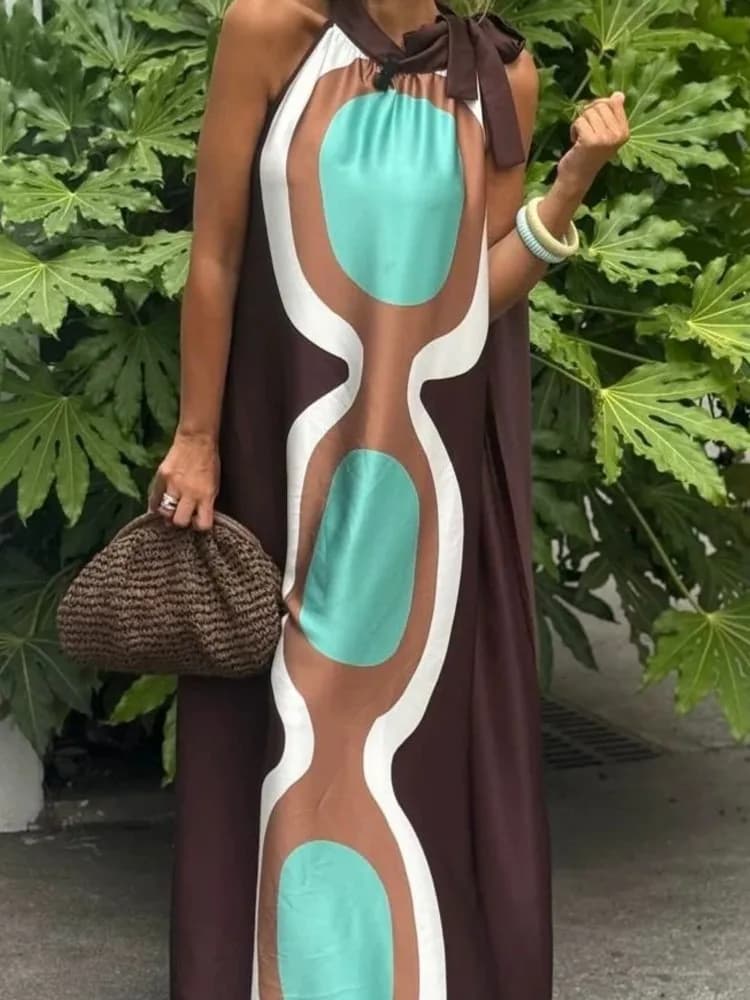 Casual Print Halter Neck Leace-up Long Dresses Women Summer New Vacation Style Loose Maxi Dress Female Vintage Commuting Vestido - image 6