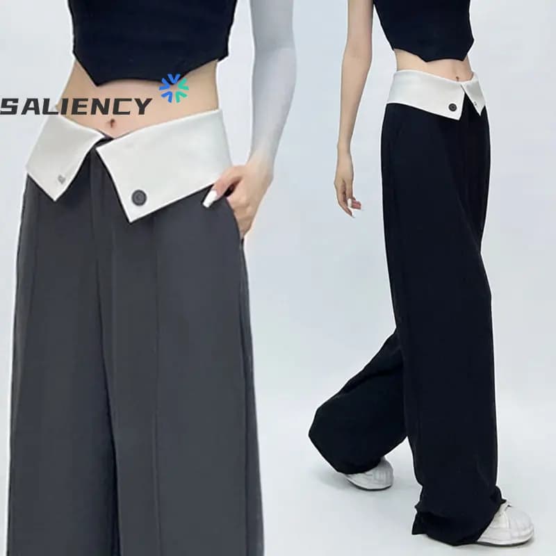 Streetwear Women Yuppie Style Flip Waist Suit Pants Female Summer High Waist Draped Casual Wide Leg Straight Pants