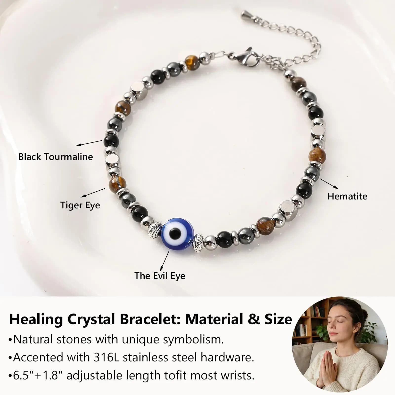 Jardme Natural Healing Crystals Stainless Steel Bracelets for Women Anxiety Relief Luck Kalm Inspirational Spiritual Jewelry - image 4