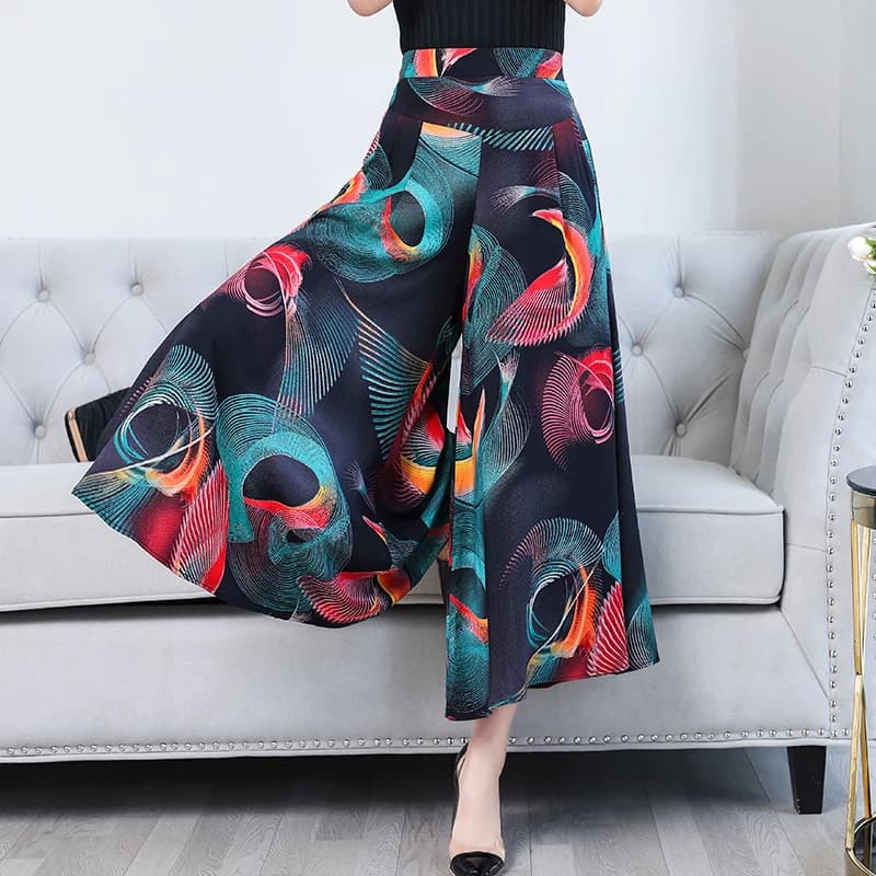 Fanmuer 2025 Summer Pants Women Casual Loose Elastic Waist Vintage Pant Trousers Women Wide Leg Pants Print Calf-length Pants - image 4