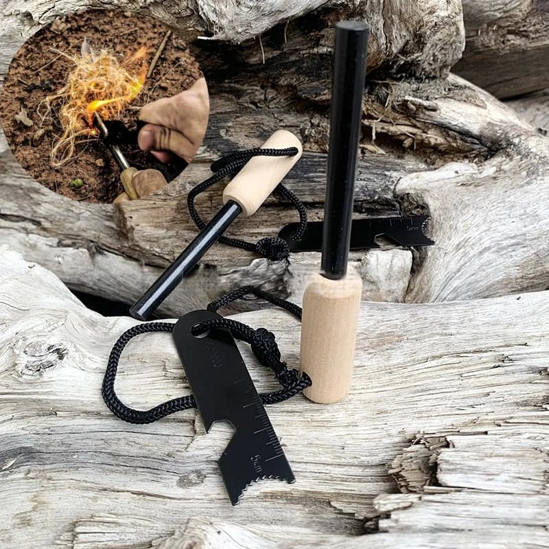 New Wilderness Survival Portable Flint Kit - Magnesium Fire Starter Stick with Wooden Handle for Camping Outdoor Equipment Tool