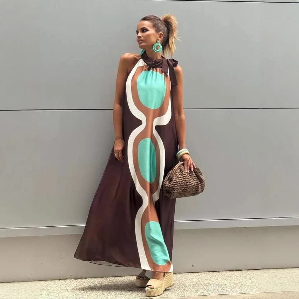 Casual Print Halter Neck Leace-up Long Dresses Women Summer New Vacation Style Loose Maxi Dress Female Vintage Commuting Vestido