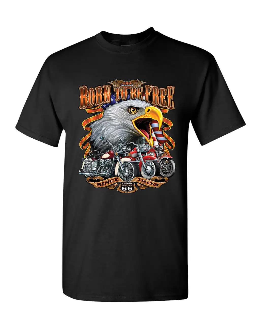 Born To Be Free Historic Route 66 Bald Eagle Motorcycle T-Shirt 100% Cotton O-Neck Short Sleeve Summer Casual Mens T-shirt