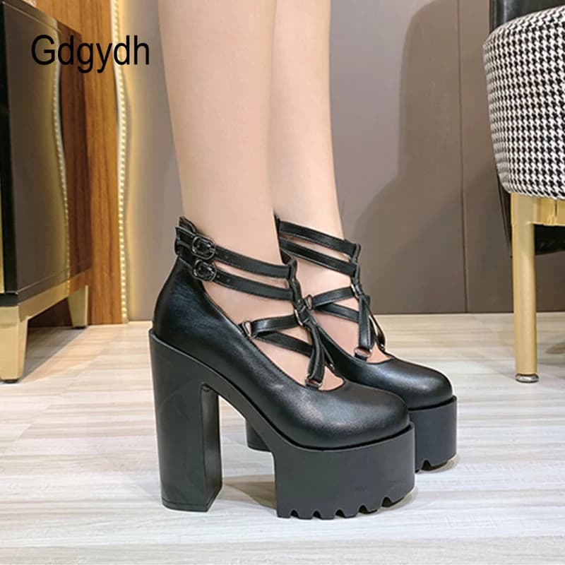 Gdgydh Fashion Women Pumps High Heels Zipper Rubber Sole Black Platform Shoes Spring Autumn Leather Shoes Female Gothic Pentagon - image 4