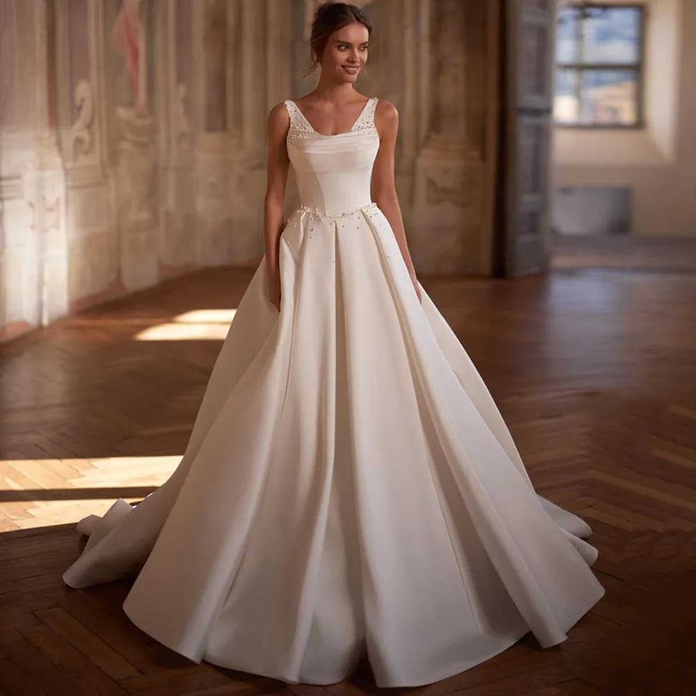 Bride Wedding Dresses for Woman Customized V Neck Sleeveless Pleat Pearls Draped Skirt A Line Bridal Gown Vestido Noiva - image 5