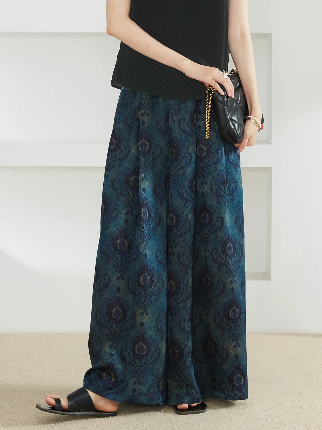 National Style Printed 100% Natural Mulberry Silk Fragrant Cloud Yarn Casual Elastic Waist Women's Fashionable Wide Leg Pants - image 5