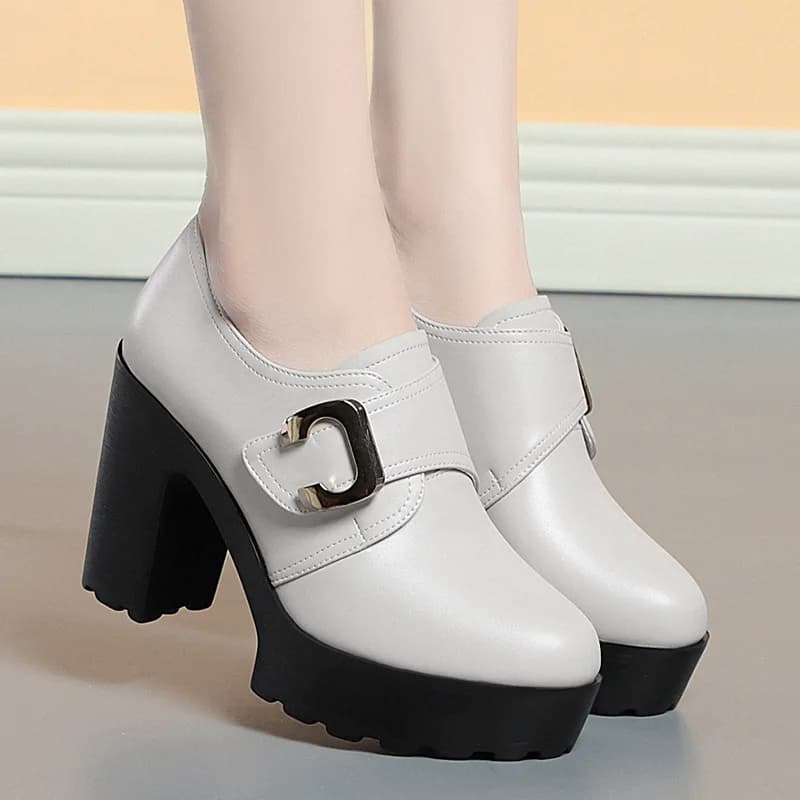 British Style Deep Mouth Soft Leather Chunky Shoes 2024 Spring Block High Heels Shoes Women Oxfords For Office Grace Mode