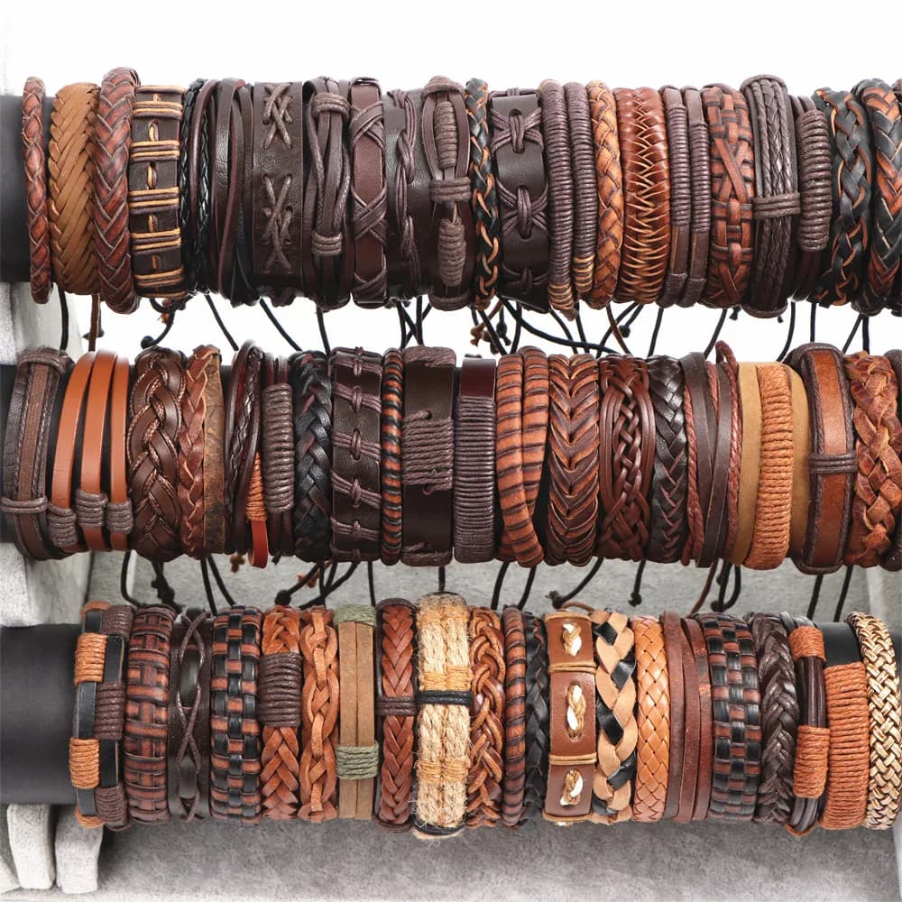 Wholesale Bulk 50Pcs/Lot Handmade Cuff Wrist Leather Bracelets For Men Women Jewelry Gifts Mix Styles Size Adjustment - image 4