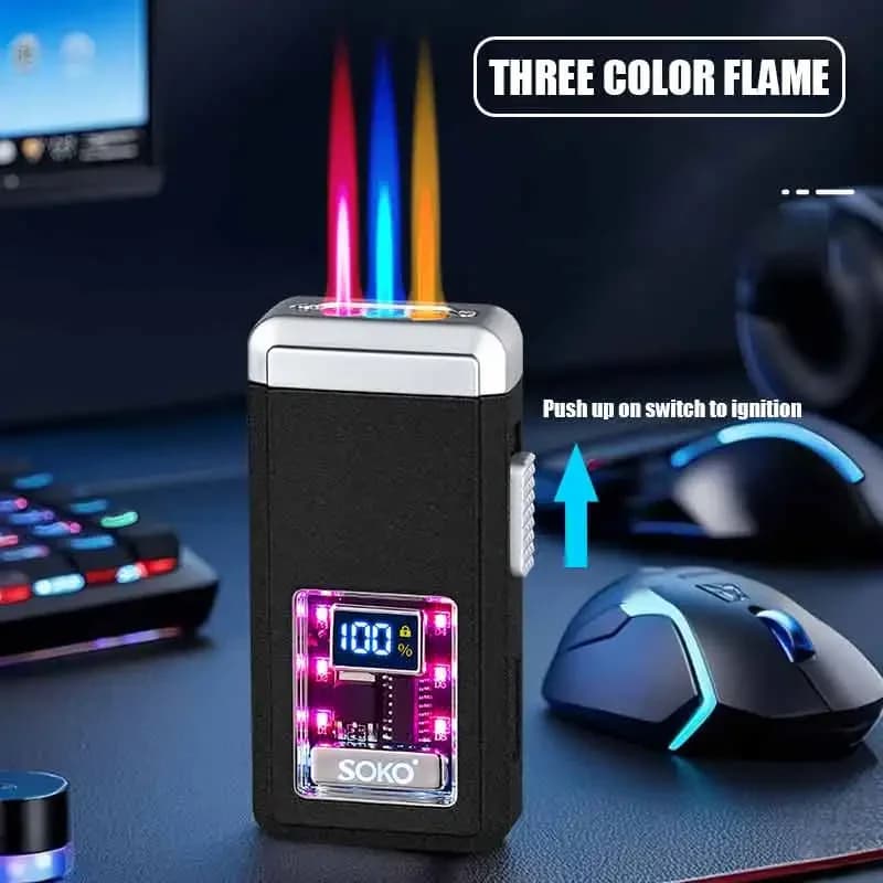 New High Beauty Voice Controlled LED Lighter Three-Color Flame Counting Transparent Visual Movement Inflatable Windproof Lighter - image 3