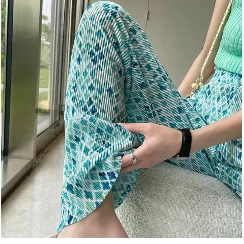 Ice Silk Women's 2024 Summer New Style Spliced Elasticized High-waisted Hanging Feeling Pleated Loose Casual Straight Leg Pants - image 5