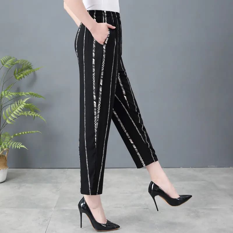 2023 Summer Fashion Elastic High Waist Slim Stripe Contrast Color Pocket Casual Loose Versatile Women's Small Foot Harlan Pants - image 5