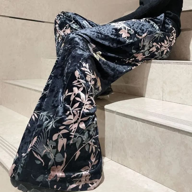 Canary Gloss Printed Wide Leg Pants Women's High Waist 2024 Spring Skin-friendly Trousers New Loose Sag Slimming Straight Pants