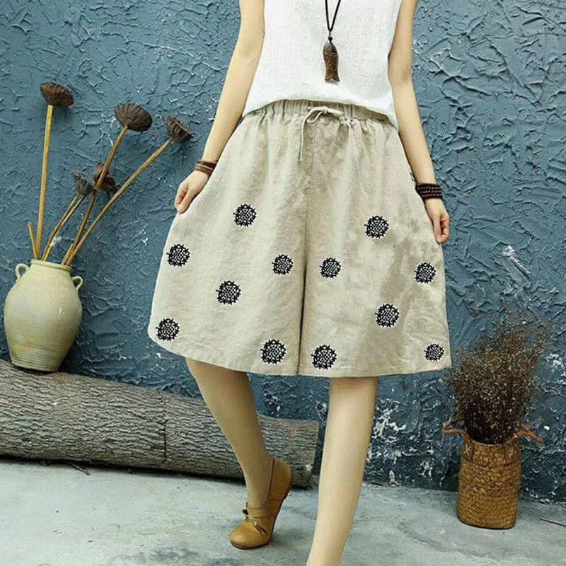 Summer New Cotton Linen Vintage Printing Half Length Pants Ladies Loose Casual All-match Fashion Lace Up Wide Leg Shorts Women - image 5