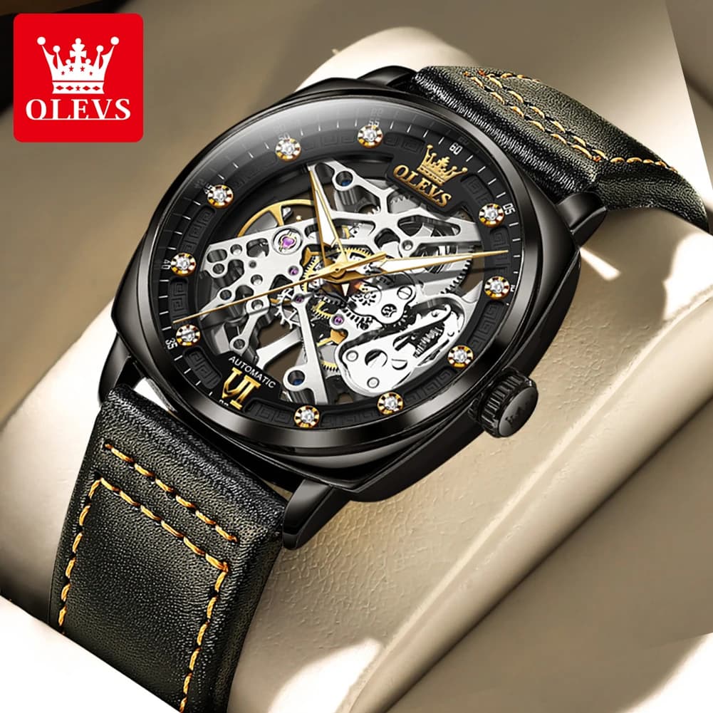 OLEVS Men's Watches Top Brand Hollow Out Automatic Mechanical Wristwatch Waterproof Luminous Leather Strap Watch for Man Fashion - image 3
