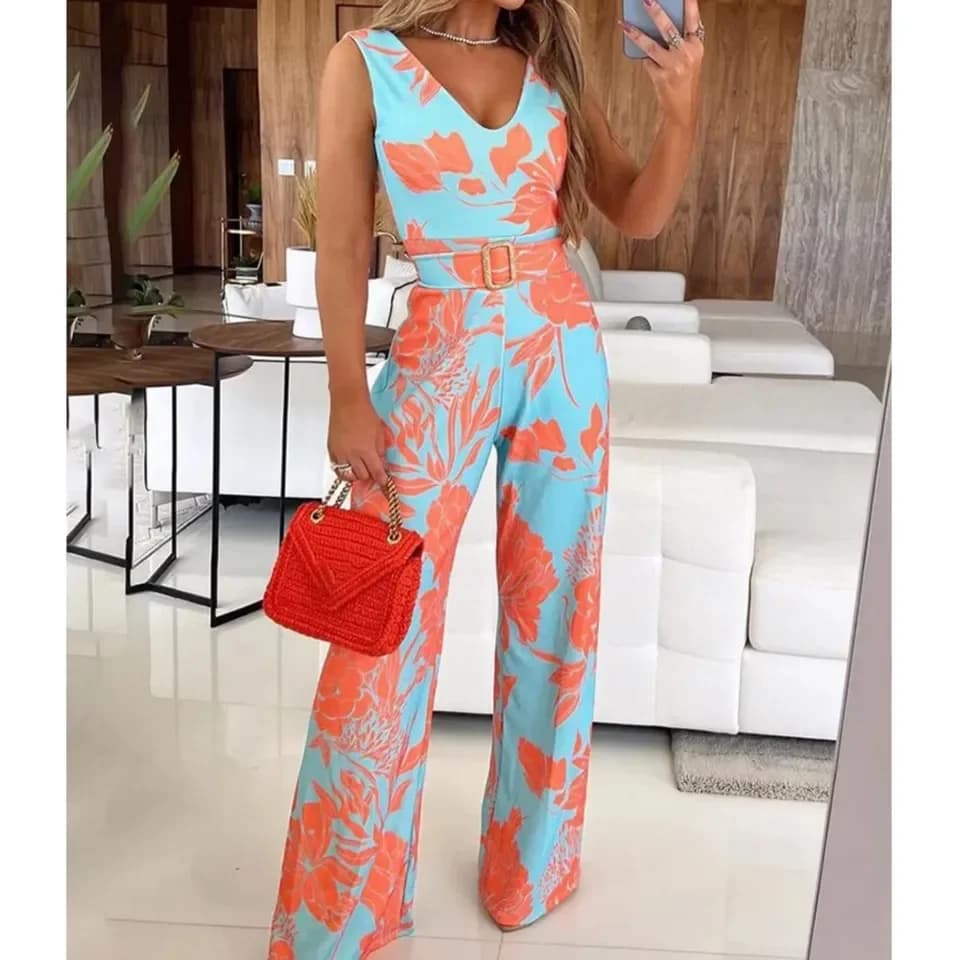 Fashion Printed Sleeveless Women One-piece Pants Spring Summer New Slim-fit Waist Lace Up Elegant Female Office One Piece Pants - image 4