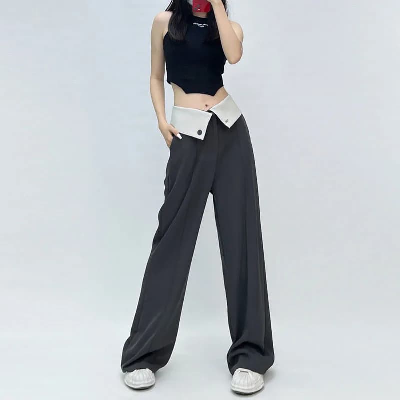 Streetwear Women Yuppie Style Flip Waist Suit Pants Female Summer High Waist Draped Casual Wide Leg Straight Pants - image 6