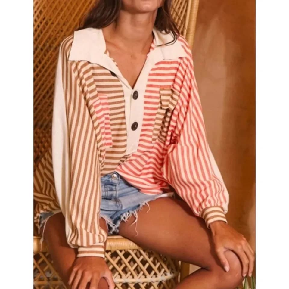 Fashion Printed Striped Polo Shirt Lapel Long-sleeved Women's Top Autumn New Casual Loose Retro And Versatile Female Tops 2025 - image 6