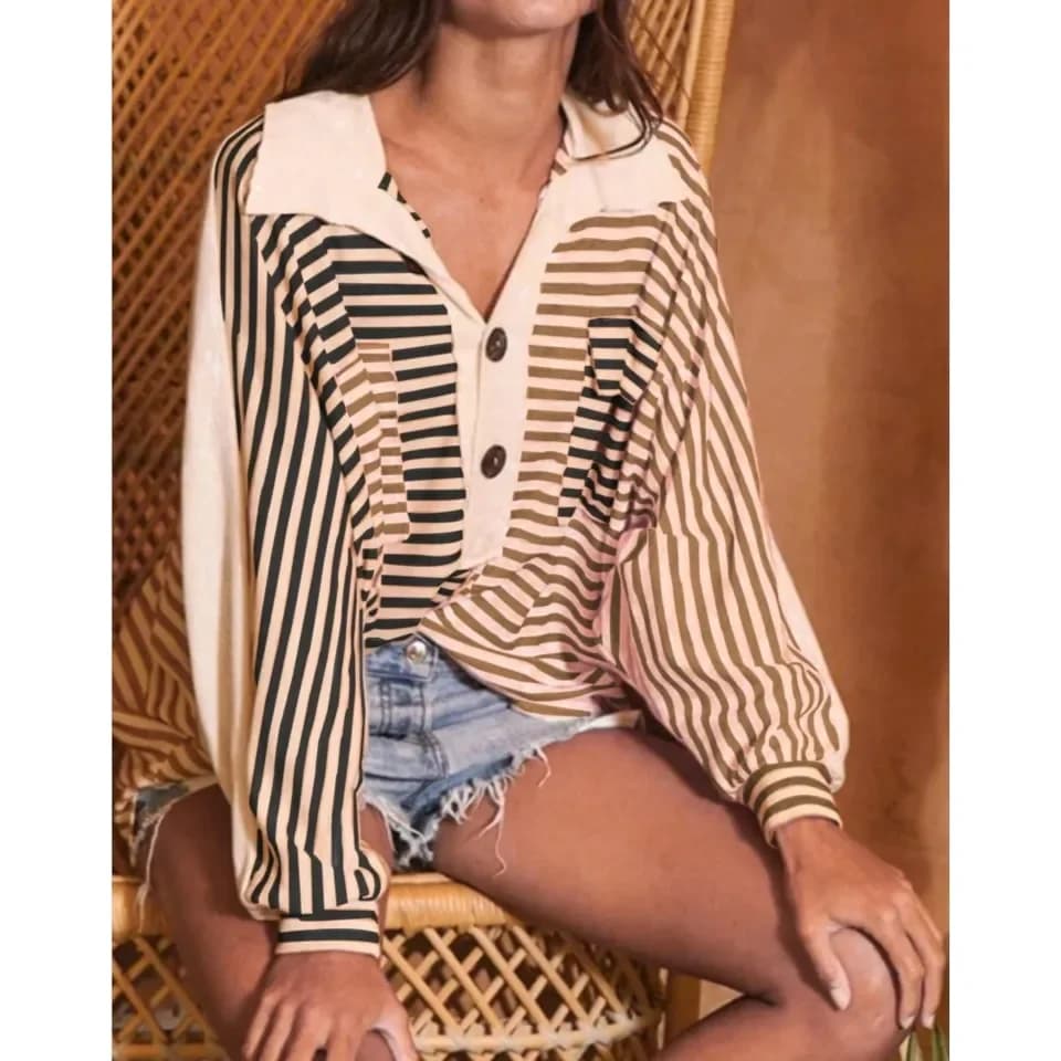 Fashion Printed Striped Polo Shirt Lapel Long-sleeved Women's Top Autumn New Casual Loose Retro And Versatile Female Tops 2025 - image 4