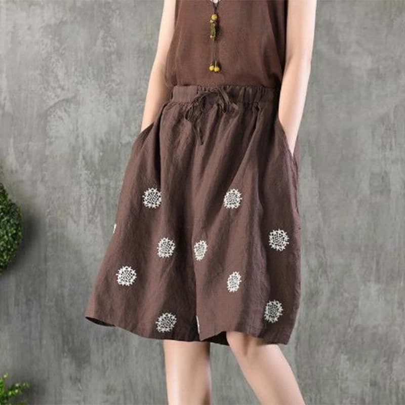Summer New Cotton Linen Vintage Printing Half Length Pants Ladies Loose Casual All-match Fashion Lace Up Wide Leg Shorts Women