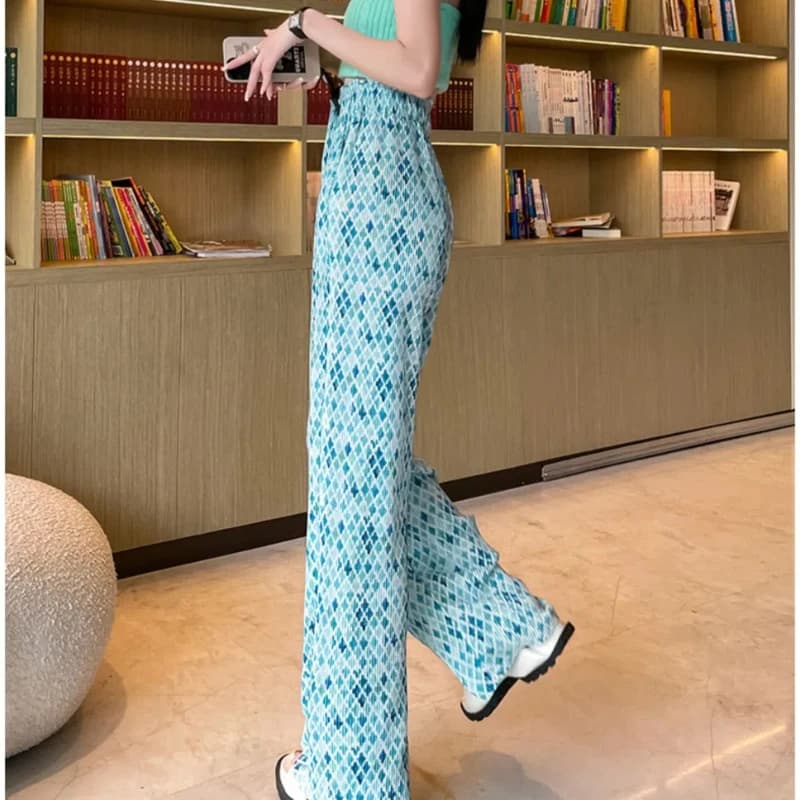 Ice Silk Women's 2024 Summer New Style Spliced Elasticized High-waisted Hanging Feeling Pleated Loose Casual Straight Leg Pants - image 6
