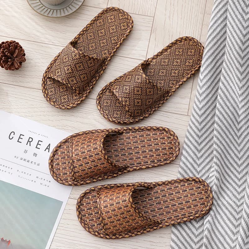 2026 Unisex Bamboo Rattan Woven Slippers Thick Sole Indoor Breathable Non Slip Household Four Seasons Home Shoes - image 3