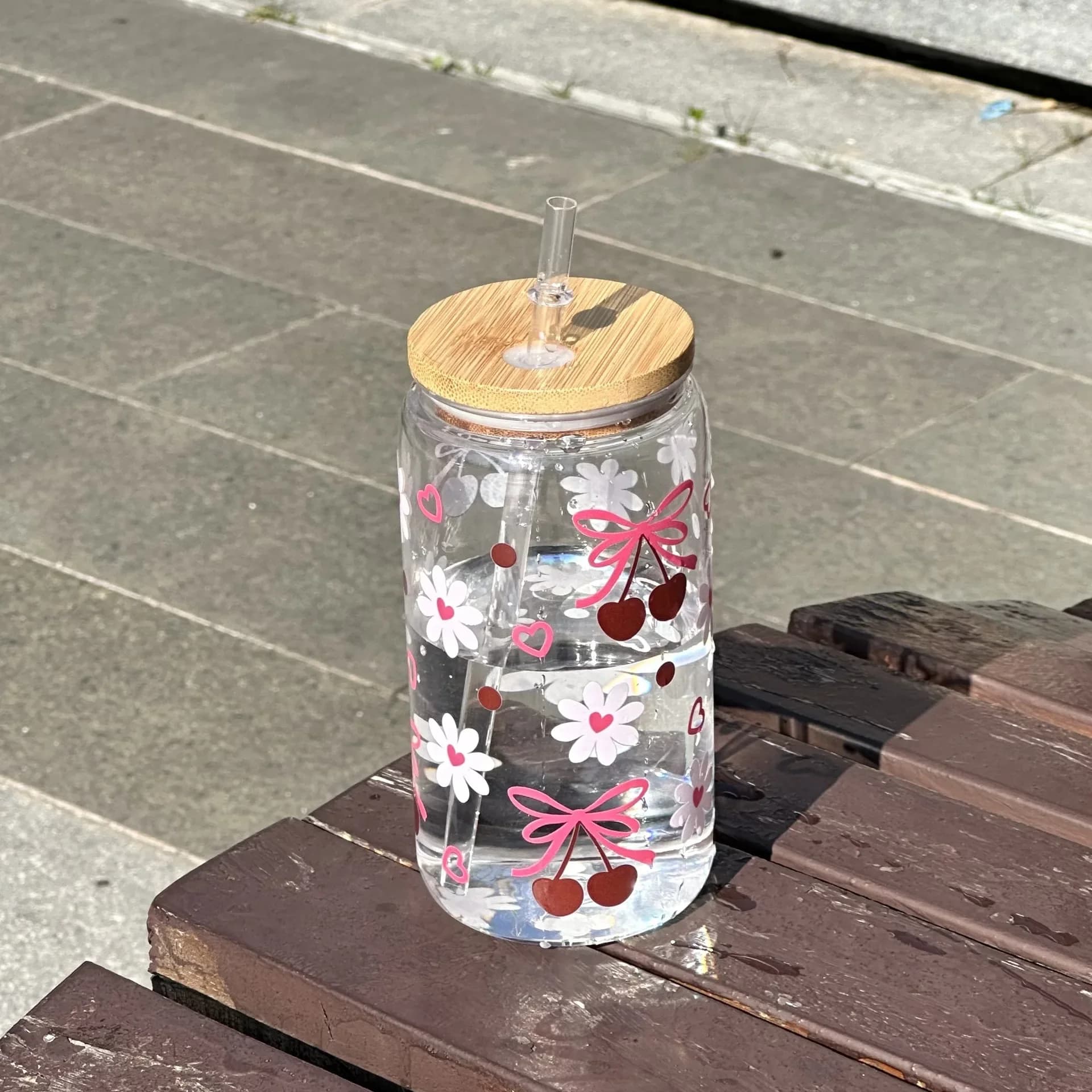 500ml Pink Bow Print Water Bottle Mason Jar Shaped Water Bottle With Lids Plastic Cup Pink Bowknot Tumbler Cup Coffee Juice Cup - image 6