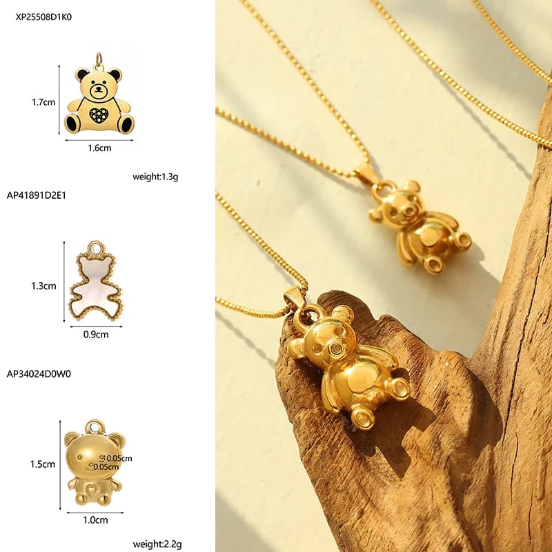 CARLIDANA Stainless Steel Gold Plated Teddy Bear Pendant Cute 3D Teddy Bear Hollow Pendant Charm Waterproof for DIY Jewelry