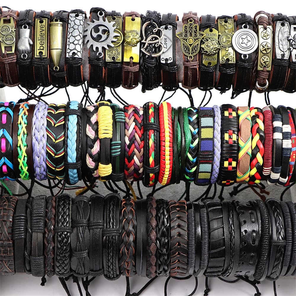 Wholesale Bulk 50Pcs/Lot Handmade Cuff Wrist Leather Bracelets For Men Women Jewelry Gifts Mix Styles Size Adjustment - image 3