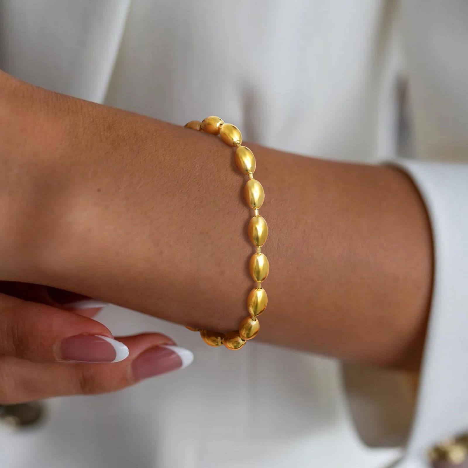 2mm-5mm Oval Beaded Bracelet Stackable,18k Gold Plated Stainless Steel Chain Bangle for Women - image 3