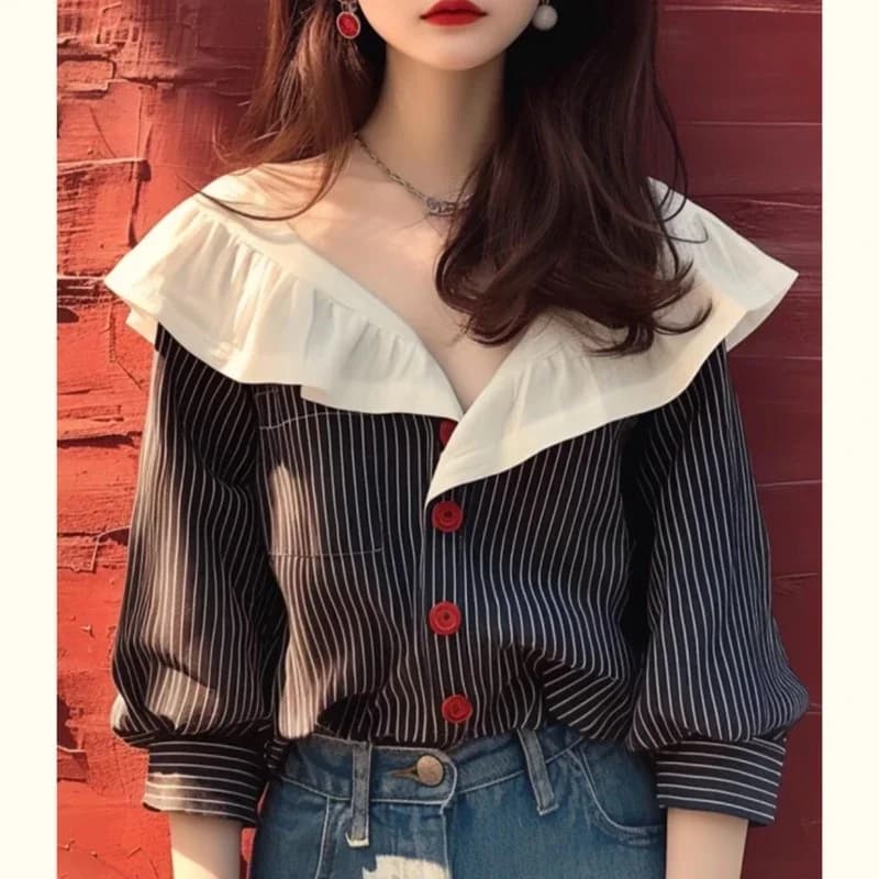 Vintage Women's Shirts Spring/summer New Chiffon Striped Women Blouses Loose Long Sleeve Top Ruffles Korean Clothing Sales - image 3