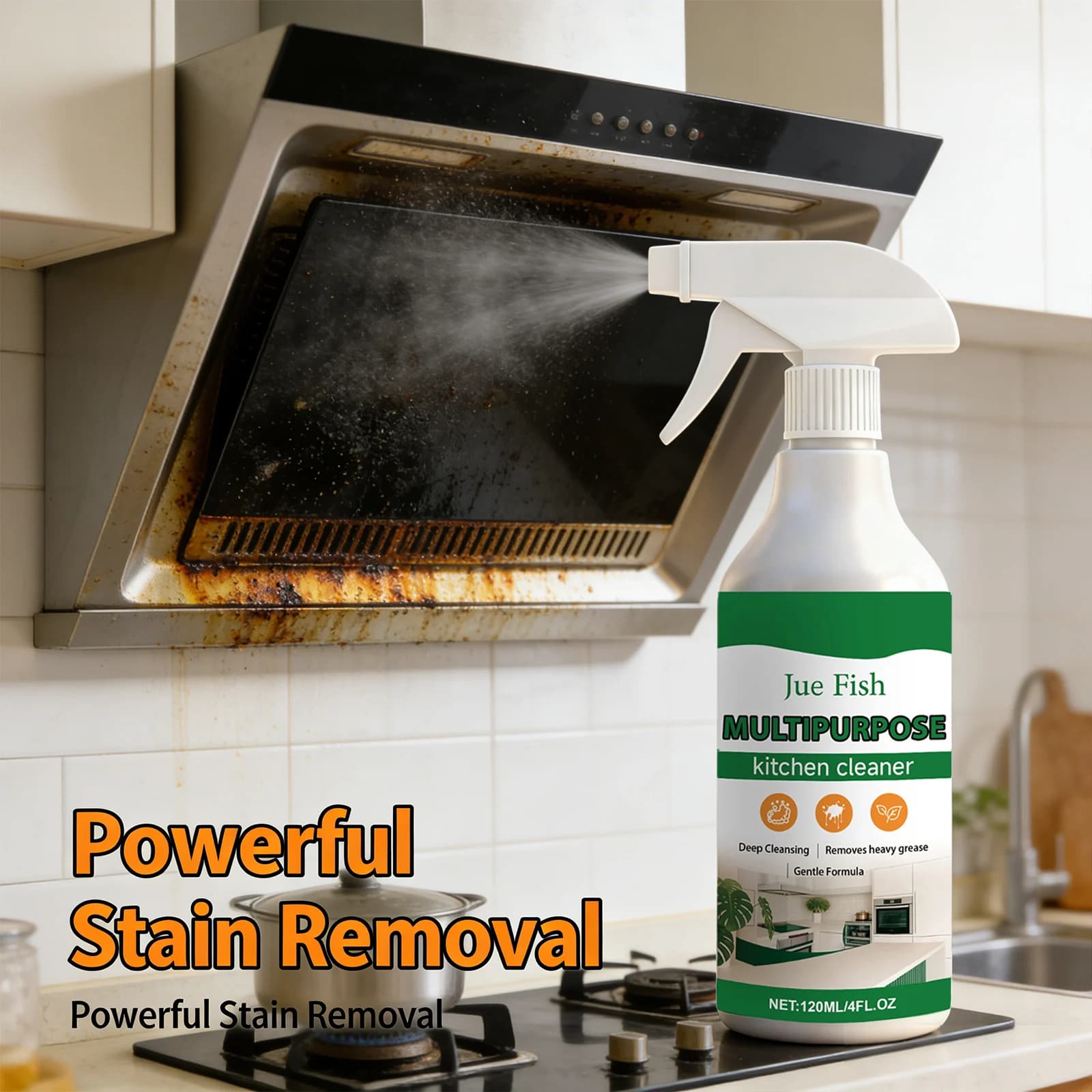Jue-Fish Multi Purpose Kitchen Cleaner Deep Cleaning Range Hood Remove Heavy Grease Gentle Formula Powerful Stove Cleaning Spray
