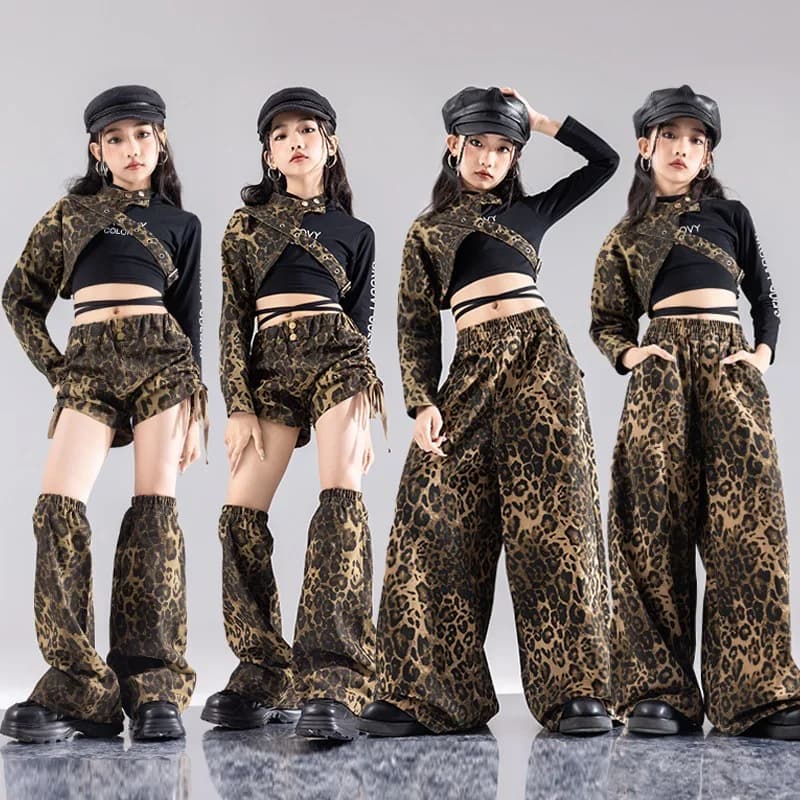 Kid Hip Hop Clothing Leopard Shoulder Sleeve Top Lace up Shorts Leg Warmers Wide Pants for Girl Jazz Dance Wear Costume Clothes - image 3