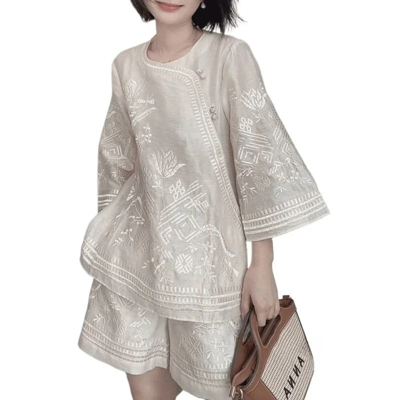 New Chinese Style National Style New High-end Thin Top Versatile Casual Suit Women's Shorts Two-piece Set High Appearance Level