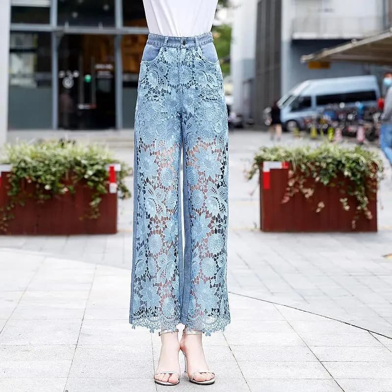 2023 Vintage Vintage Hollowed-out Flower Lace Stitching Women Jeans Summer Cool Trousers Casual High Waist Wide Leg Pants Style - image 5