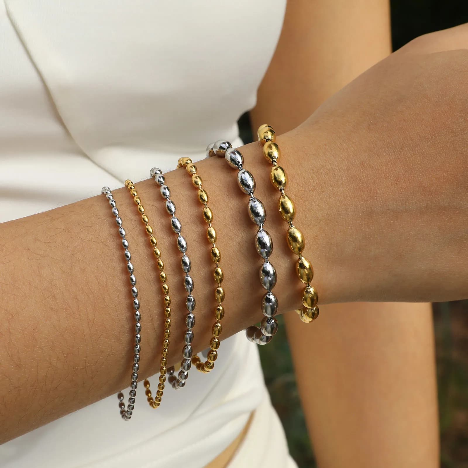 2mm-5mm Oval Beaded Bracelet Stackable,18k Gold Plated Stainless Steel Chain Bangle for Women