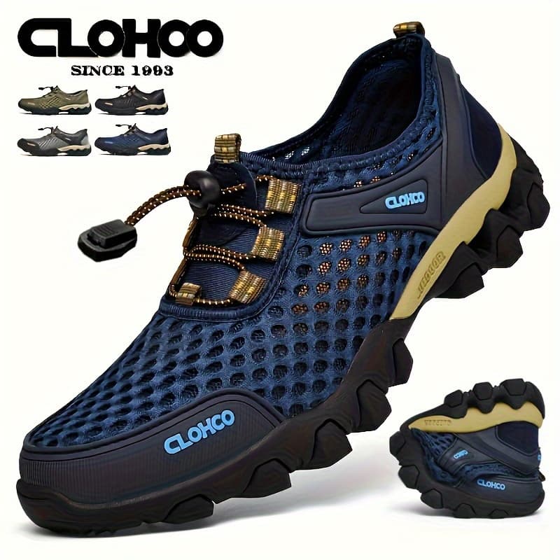 CLOHOO Men'S Breathable Mesh Sneakers with Thick Rubber Sole - Lightweight Casual Outdoor Shoes, Elastic Lace-Up Closure, Round Toe Design for Spring Summer Fall, Black & Golden Accents, Hiking Shoes, Seasonal Footwear, Stylish Contrast Accents, Durable Traction Footwear, Sporty Footwear, Comfortable Fit, Lifestyle