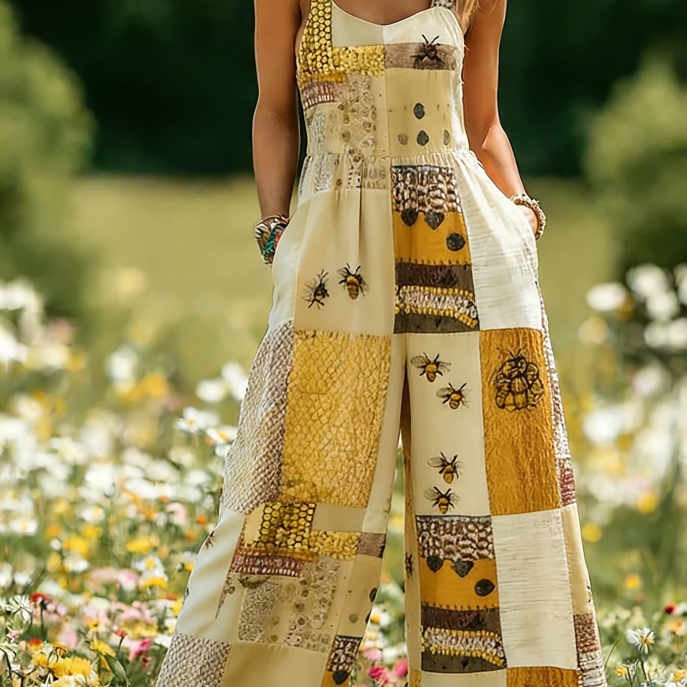 Women'S High-Waisted Wide-Leg Jumpsuit - A, Breathable Print Ideal for Work, Vacations, And Everyday Use with Pockets